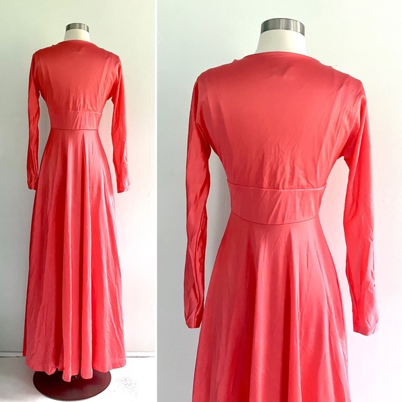 Vintage 70’s coral red orange lace flower slip gown dress & robe jacket set - Picture 14 of 16